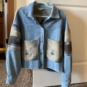 Cute Western corduroy jacket. Light blue with wool western patchwork.